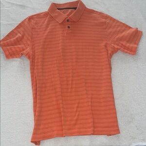 Men’s gently used, softly-striped, SS polo, salmon color, by Tasso Elba, size M.